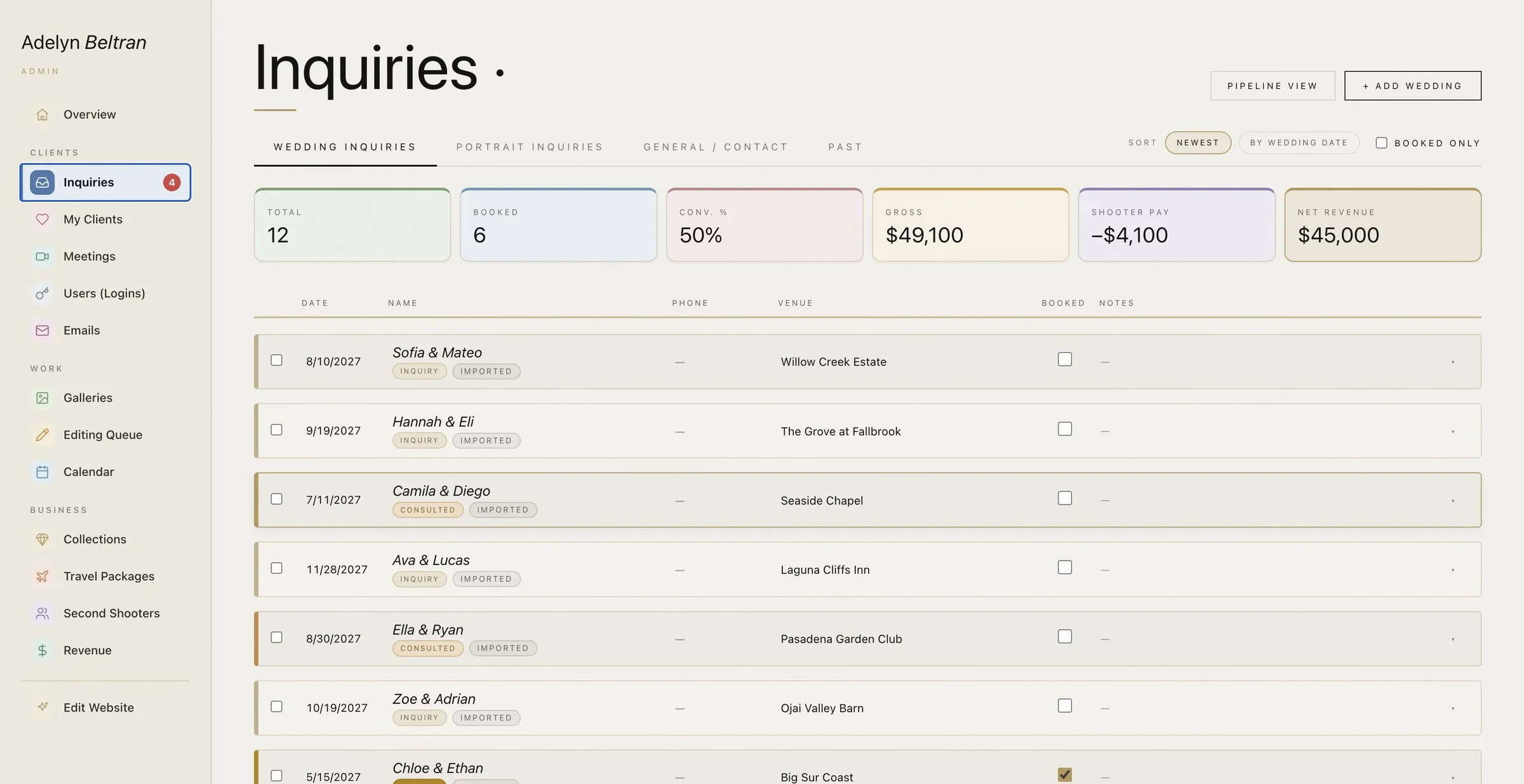 The inquiries screen: wedding, portrait, and general inquiry tabs, pipeline totals, and a list of couples with stage, date, and venue