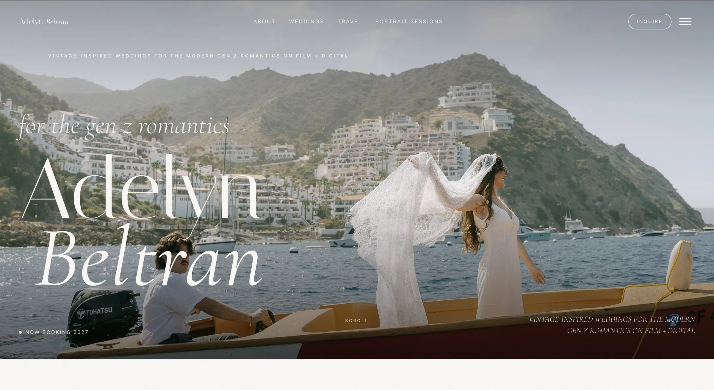Adelyn Beltran Photography homepage: a bride lifting her veil on a small boat off Catalina Island, with the studio name in large serif type