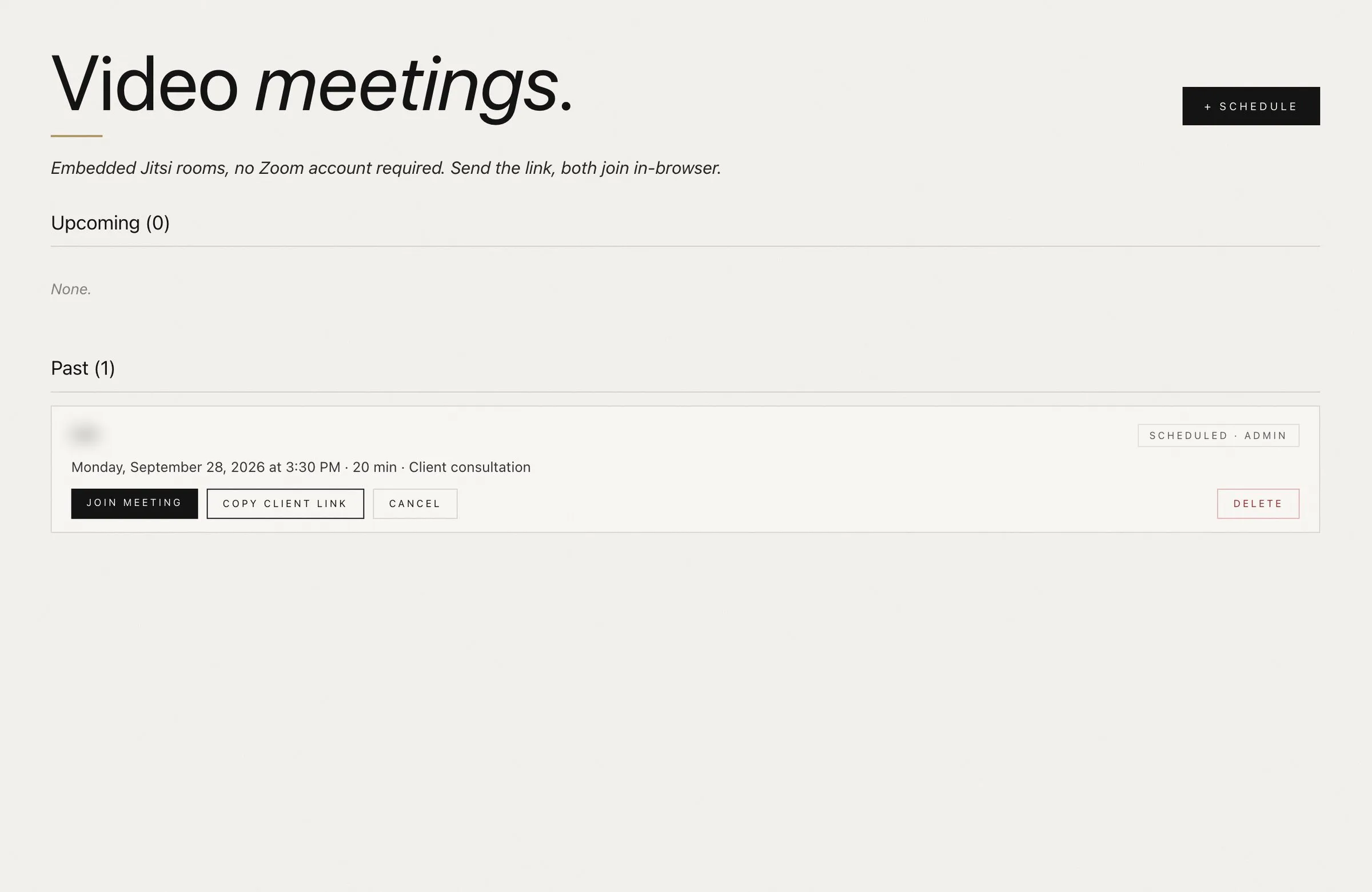 The video meetings screen in the studio backend, listing a past client consultation with join and copy-link buttons